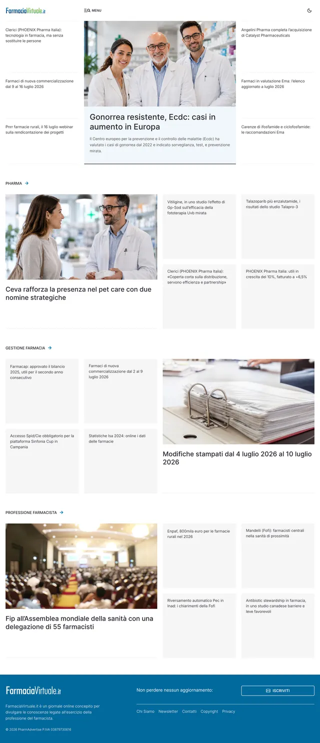 Farmacia Virtuale 2026 redesign — the homepage on a modular Swiss grid