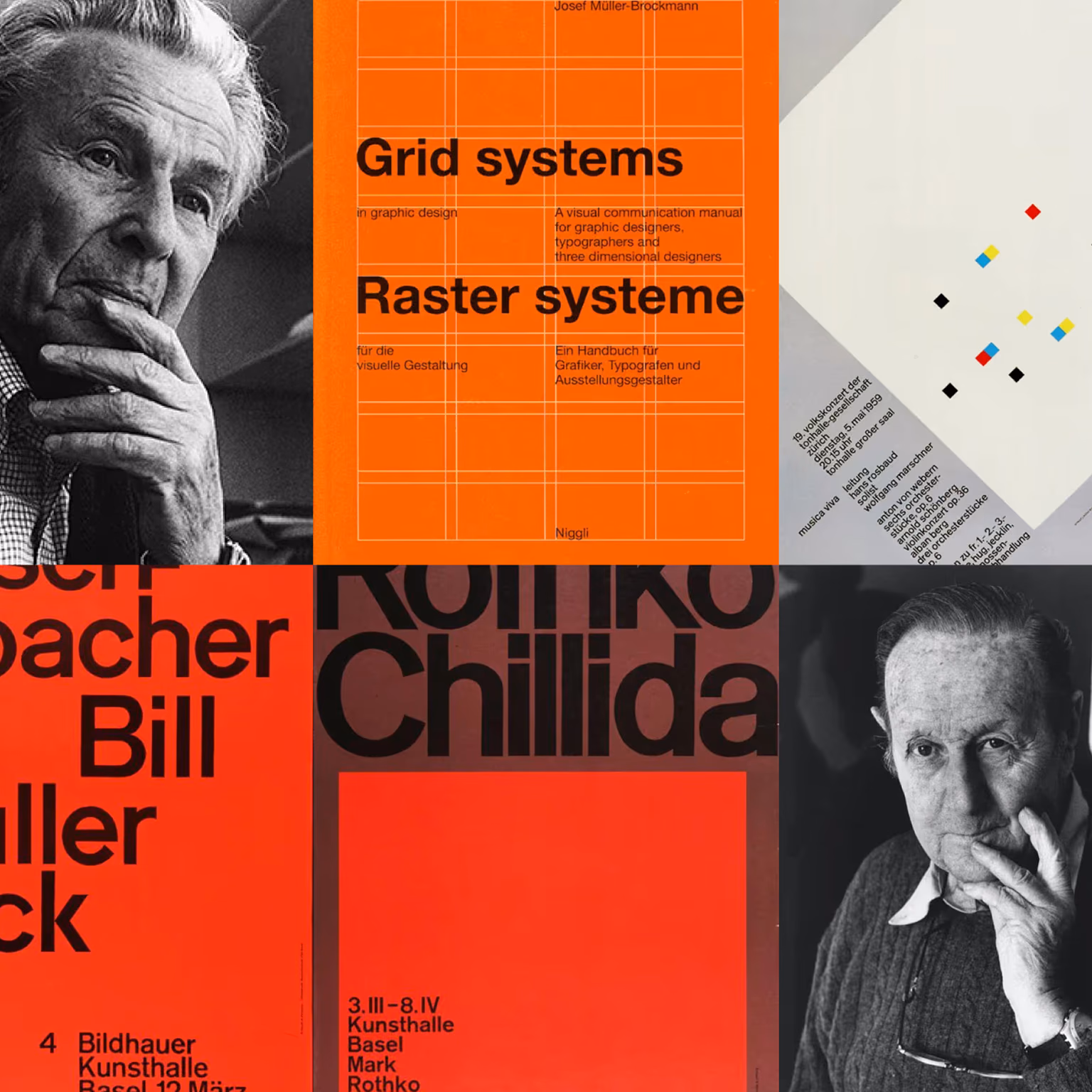 Swiss-design references behind the redesign — Josef Müller-Brockmann, his Grid Systems manual, and Kunsthalle posters